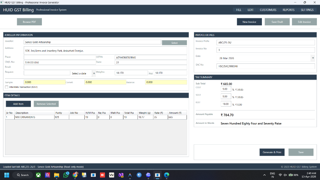 HUID GST Billing